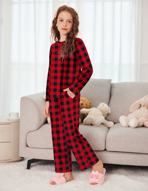 Girls Long Sleeve Pajama Set Ribbed Crew Neck Lounge Pants with Pockets - Red Plaid