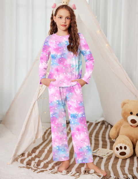 Girls Long Sleeve Pajama Set Ribbed Crew Neck Lounge Pants with Pockets - Tie Dye Stars