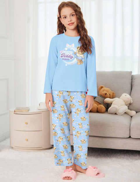 Girls Long Sleeve Pajama Set Ribbed Crew Neck Lounge Pants with Pockets - Teddy Blue