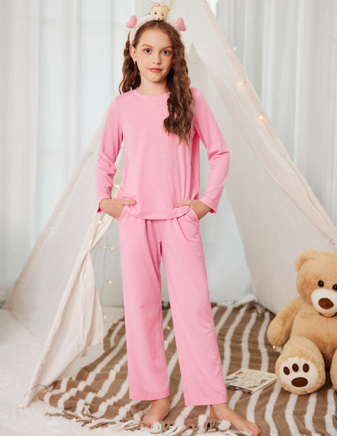 Girls Long Sleeve Pajama Set Ribbed Crew Neck Lounge Pants with Pockets - Pink