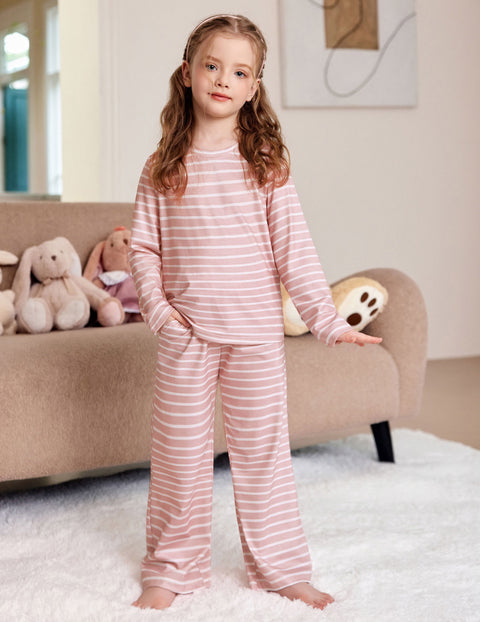 Girls Long Sleeve Pajama Set Ribbed Crew Neck Lounge Pants with Pockets - Pink Stripe