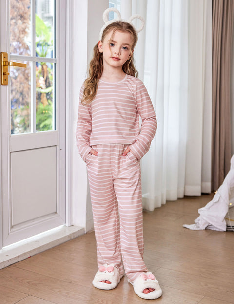 Girls Long Sleeve Pajama Set Ribbed Crew Neck Lounge Pants with Pockets - Pink Stripe
