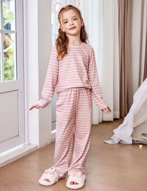 Girls Long Sleeve Pajama Set Ribbed Crew Neck Lounge Pants with Pockets - Pink Stripe