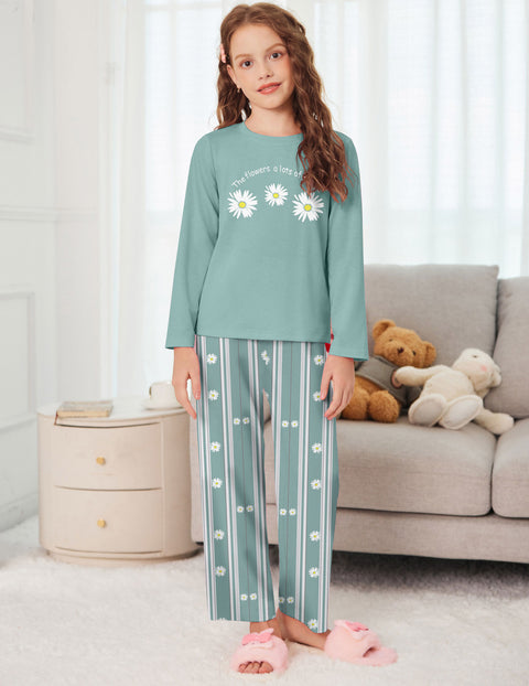 Girls Long Sleeve Pajama Set Ribbed Crew Neck Lounge Pants with Pockets - Daisy Green