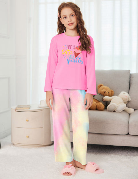 Girls Long Sleeve Pajama Set Ribbed Crew Neck Lounge Pants with Pockets - Ice Cream Pink