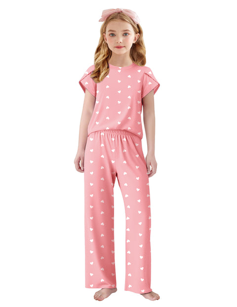 Girls Short Sleeve Long Pants Pajama Set Petal Sleeve Soft Lounge 2-Piece - Pink Heart