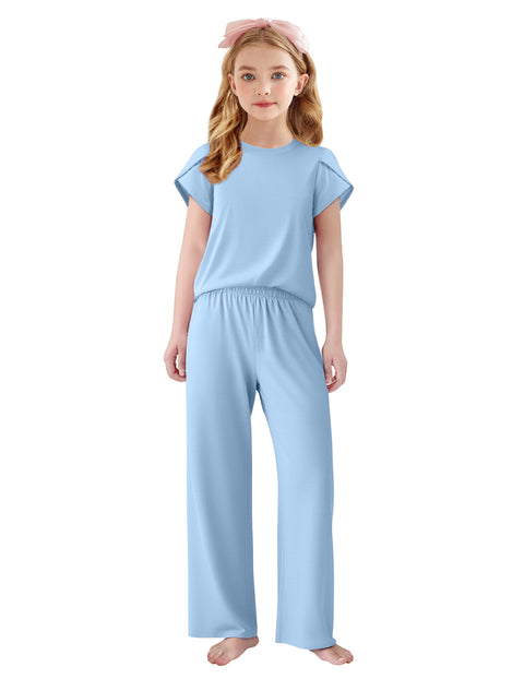 Girls Short Sleeve Long Pants Pajama Set Petal Sleeve Soft Lounge 2-Piece - Blue