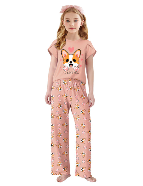 Girls Short Sleeve Long Pants Pajama Set Petal Sleeve Soft Lounge 2-Piece - Heart Dog