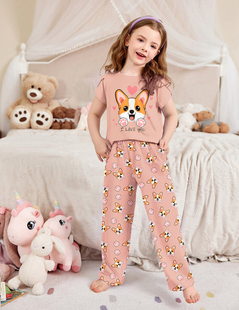 Girls Short Sleeve Long Pants Pajama Set Petal Sleeve Soft Lounge 2-Piece - Heart Dog