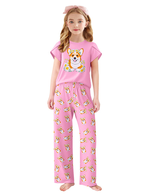 Girls Short Sleeve Long Pants Pajama Set Petal Sleeve Soft Lounge 2-Piece - Daisy Dog