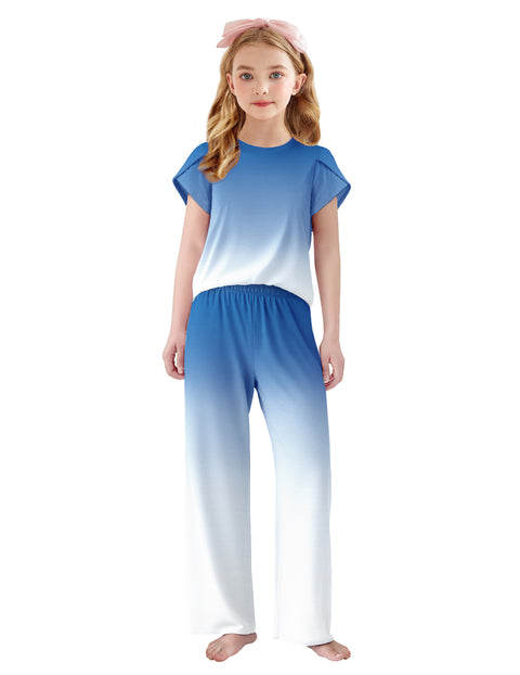 Girls Short Sleeve Long Pants Pajama Set Petal Sleeve Soft Lounge 2-Piece - Blue Gradient