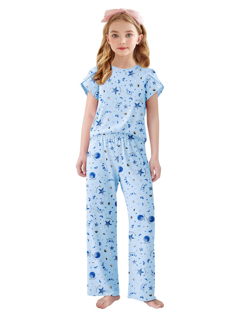 Girls Short Sleeve Long Pants Pajama Set Petal Sleeve Soft Lounge 2-Piece - Blue Stars Moons