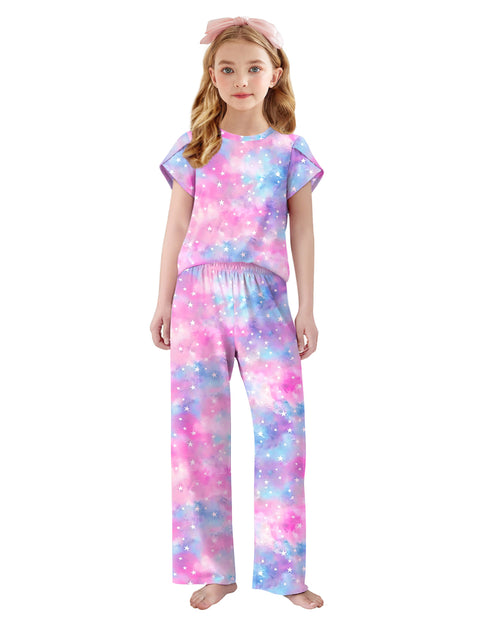 Girls Short Sleeve Long Pants Pajama Set Petal Sleeve Soft Lounge 2-Piece - Pink Purple Tie Dye