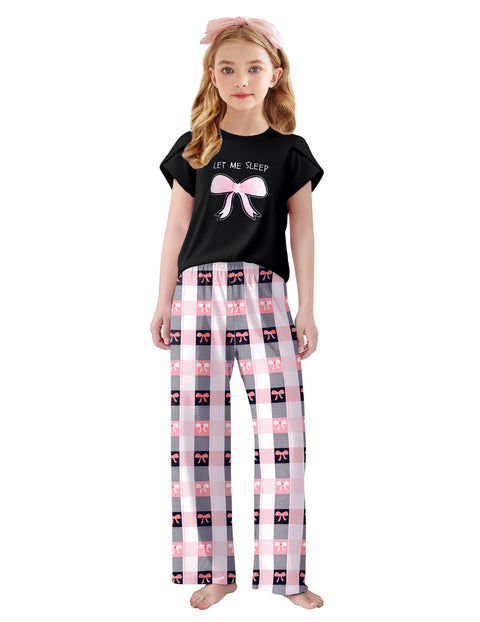 Girls Short Sleeve Long Pants Pajama Set Petal Sleeve Soft Lounge 2-Piece - KT557