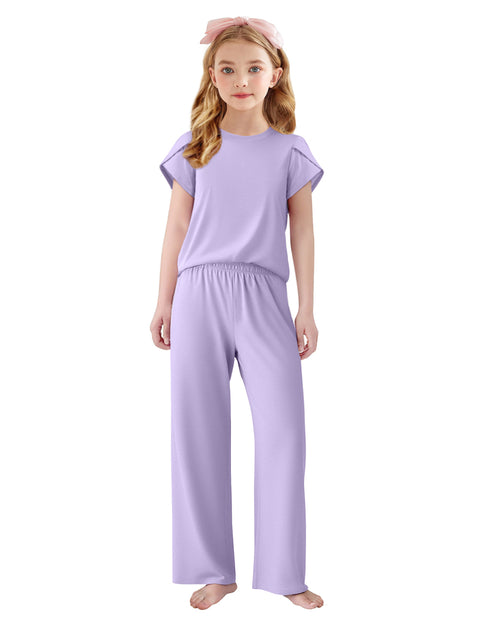 Girls Short Sleeve Long Pants Pajama Set Petal Sleeve Soft Lounge 2-Piece - Purple