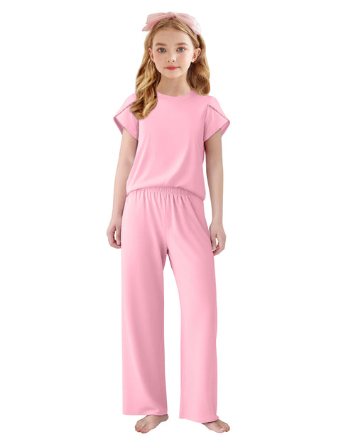 Girls Short Sleeve Long Pants Pajama Set Petal Sleeve Soft Lounge 2-Piece - MIR