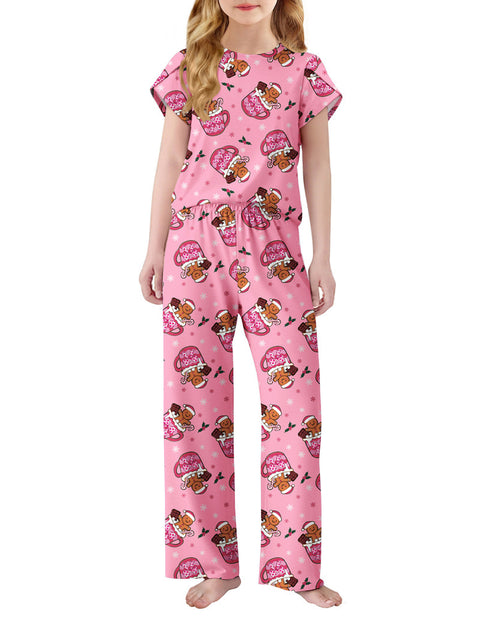 Girls Short Sleeve Long Pants Pajama Set Petal Sleeve Soft Lounge 2-Piece - Christmas Pink