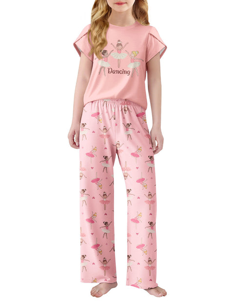 Girls Short Sleeve Long Pants Pajama Set Petal Sleeve Soft Lounge 2-Piece - Dancing Girls