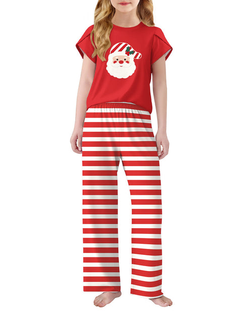Girls Short Sleeve Long Pants Pajama Set Petal Sleeve Soft Lounge 2-Piece - Christmas Red