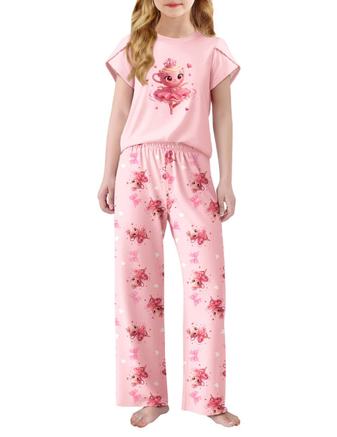 Girls Short Sleeve Long Pants Pajama Set Petal Sleeve Soft Lounge 2-Piece - Pink Cup