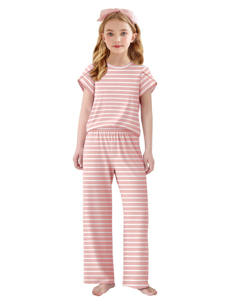 Girls Short Sleeve Long Pants Pajama Set Petal Sleeve Soft Lounge 2-Piece - Pink Stripe