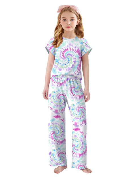 Girls Short Sleeve Long Pants Pajama Set Petal Sleeve Soft Lounge 2-Piece - Tie Dye Swirls