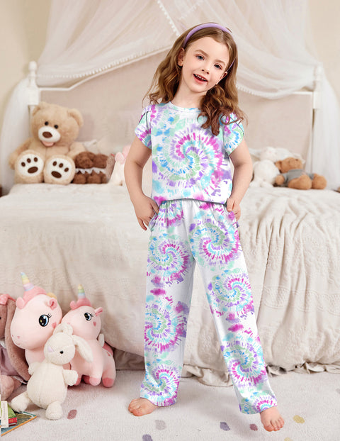 Girls Short Sleeve Long Pants Pajama Set Petal Sleeve Soft Lounge 2-Piece - Tie Dye Swirls