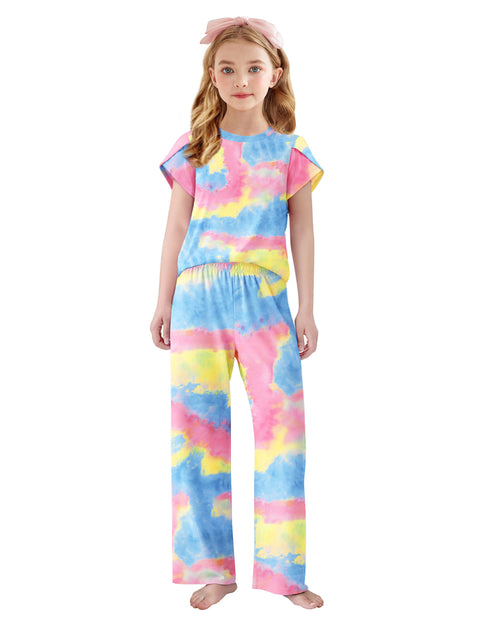 Girls Short Sleeve Long Pants Pajama Set Petal Sleeve Soft Lounge 2-Piece - Pink Blue Tie Dye