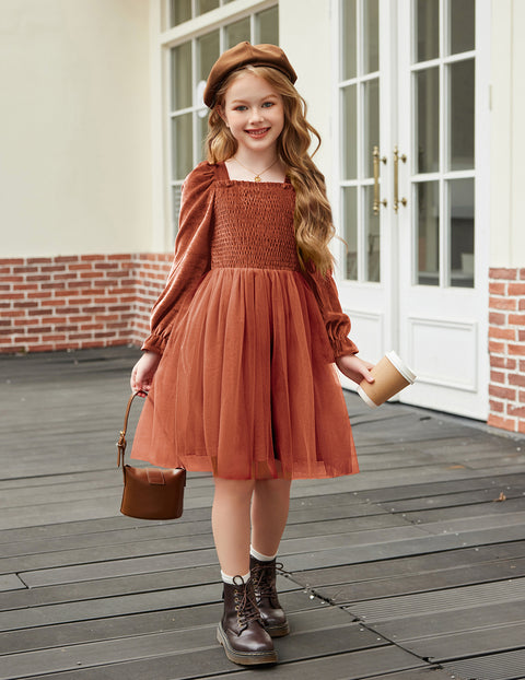 Toddler Girls Velvet Dress Puff Sleeve Square Neck Tulle Skirt Winter Dress - Brown