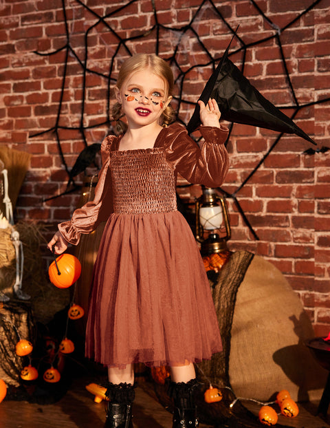 Toddler Girls Velvet Dress Puff Sleeve Square Neck Tulle Skirt Winter Dress - Brown