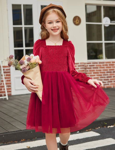 Toddler Girls Velvet Dress Puff Sleeve Square Neck Tulle Skirt Winter Dress - Red