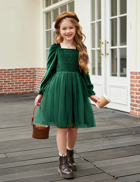 Toddler Girls Velvet Dress Puff Sleeve Square Neck Tulle Skirt Winter Dress - Green