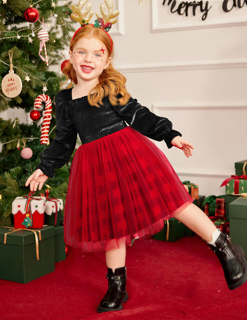 Toddler Girls Velvet Dress Puff Sleeve Square Neck Tulle Skirt Winter Dress - Christmas Plaid