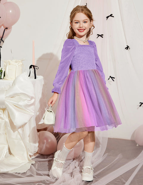 Toddler Girls Velvet Dress Puff Sleeve Square Neck Tulle Skirt Winter Dress - Purple Rainbow