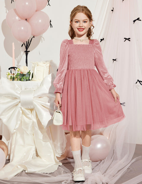 Toddler Girls Velvet Dress Puff Sleeve Square Neck Tulle Skirt Winter Dress - Pink