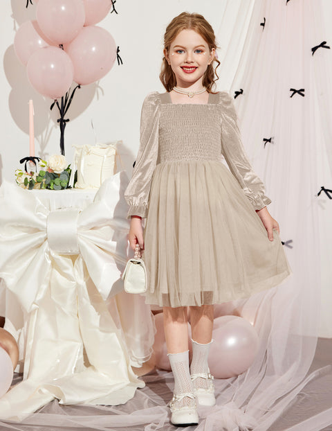Toddler Girls Velvet Dress Puff Sleeve Square Neck Tulle Skirt Winter Dress - Beige