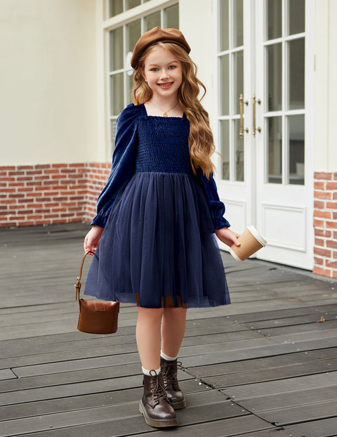 Toddler Girls Velvet Dress Puff Sleeve Square Neck Tulle Skirt Winter Dress - Navy Blue