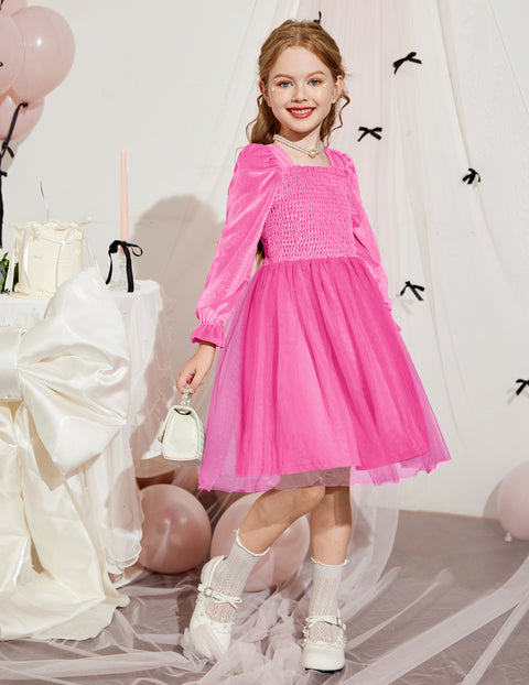 Toddler Girls Velvet Dress Puff Sleeve Square Neck Tulle Skirt Winter Dress - Rose Red