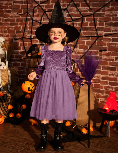 Toddler Girls Velvet Dress Puff Sleeve Square Neck Tulle Skirt Winter Dress - PU