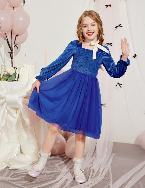 Toddler Girls Velvet Dress Puff Sleeve Square Neck Tulle Skirt Winter Dress - Royal Blue