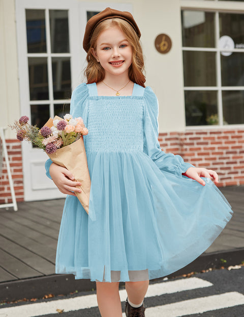 Toddler Girls Velvet Dress Puff Sleeve Square Neck Tulle Skirt Winter Dress - Blue