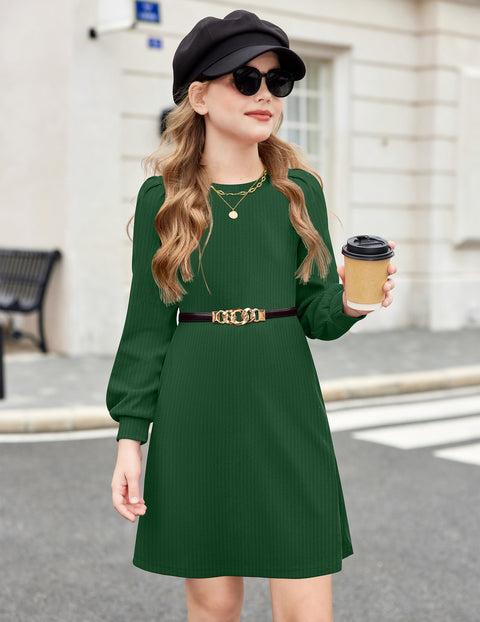 Girls Sweater Dress Knit Puff Long Sleeve Crew Neck Bodycon Pullover Dress - Green