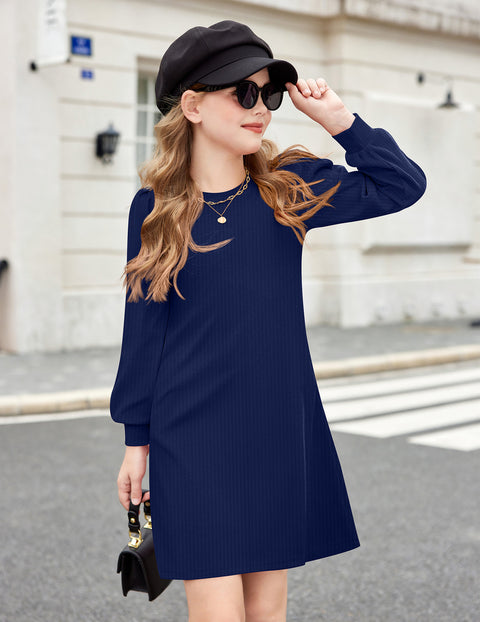 Girls Sweater Dress Knit Puff Long Sleeve Crew Neck Bodycon Pullover Dress - Navy Blue
