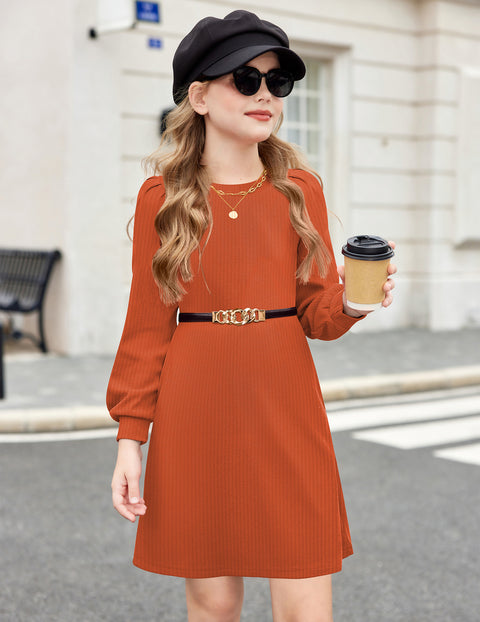 Girls Sweater Dress Knit Puff Long Sleeve Crew Neck Bodycon Pullover Dress - Orange