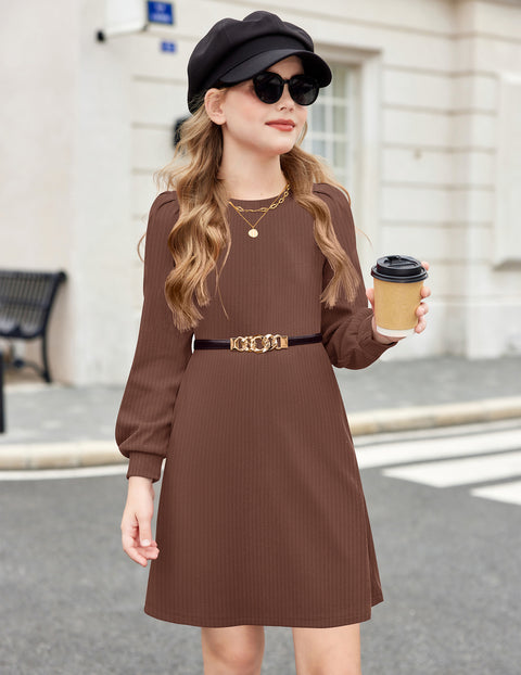 Girls Sweater Dress Knit Puff Long Sleeve Crew Neck Bodycon Pullover Dress - Coffe
