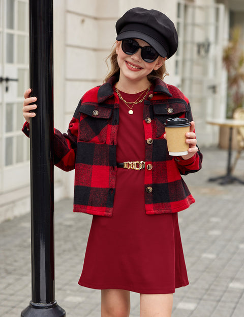 Girls Sweater Dress Knit Puff Long Sleeve Crew Neck Bodycon Pullover Dress - Red