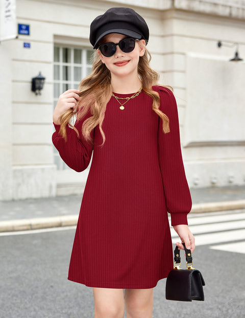 Girls Sweater Dress Knit Puff Long Sleeve Crew Neck Bodycon Pullover Dress - Red