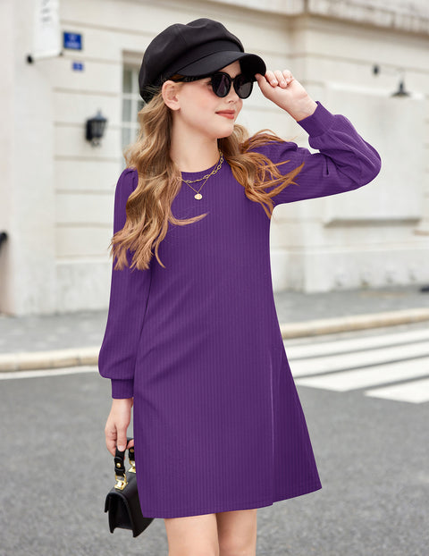 Girls Sweater Dress Knit Puff Long Sleeve Crew Neck Bodycon Pullover Dress - Purple