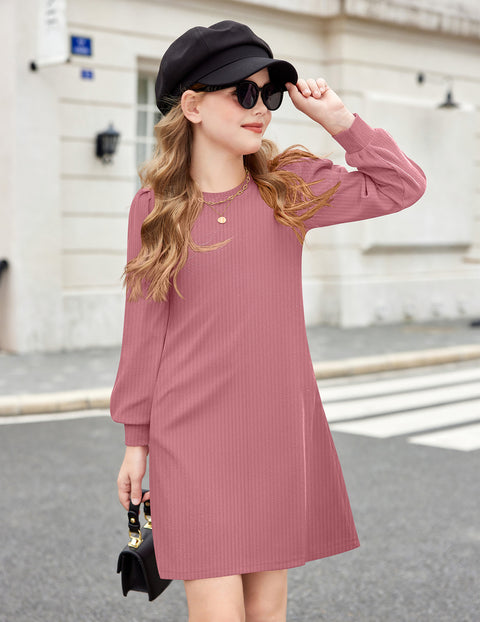 Girls Sweater Dress Knit Puff Long Sleeve Crew Neck Bodycon Pullover Dress - Pink