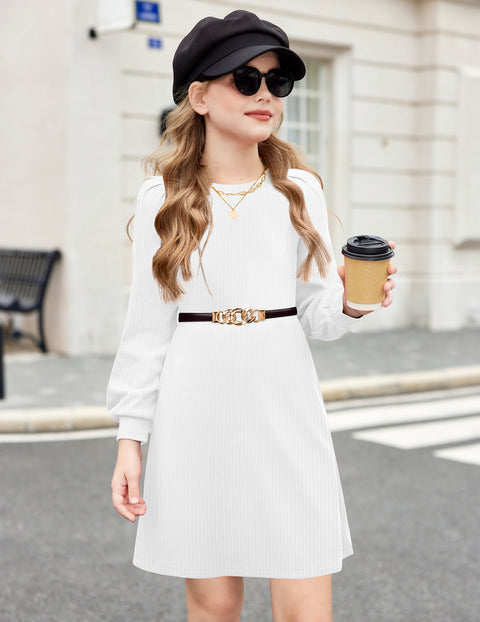 Girls Sweater Dress Knit Puff Long Sleeve Crew Neck Bodycon Pullover Dress - White